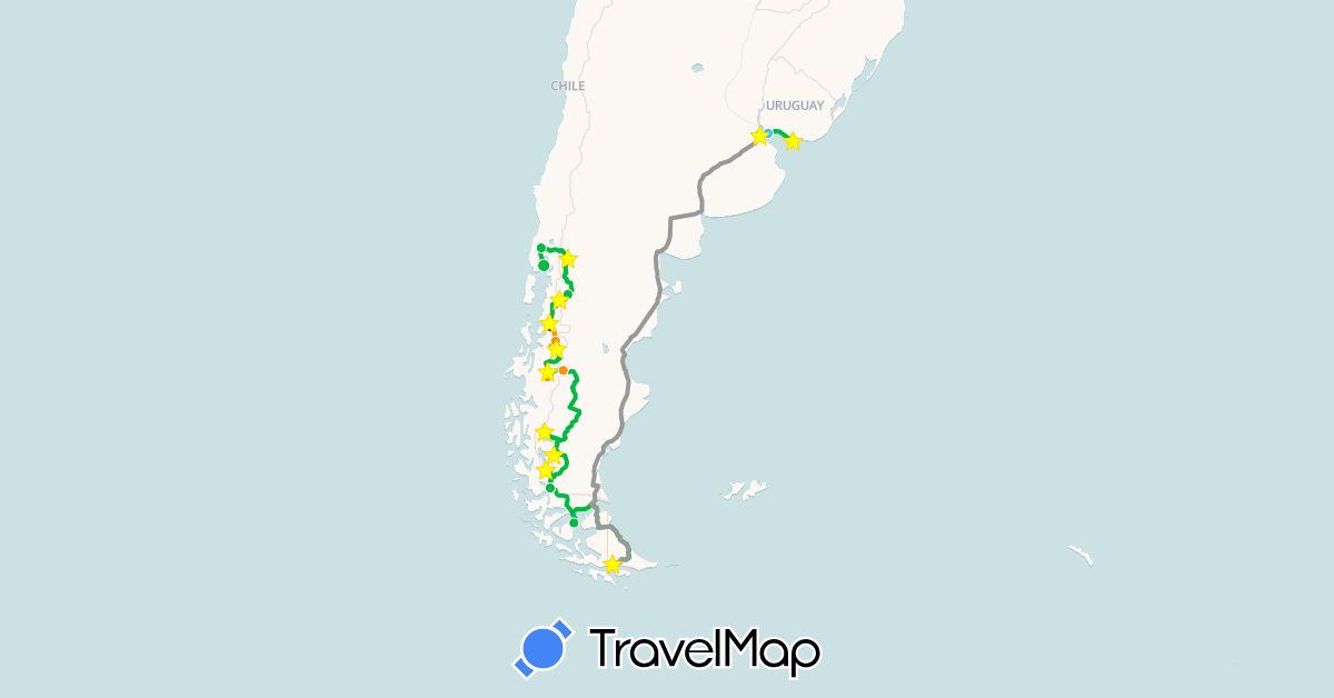 TravelMap itinerary: driving, bus, plane, hiking, boat, hitchhiking in Argentina, Chile, Uruguay (South America)